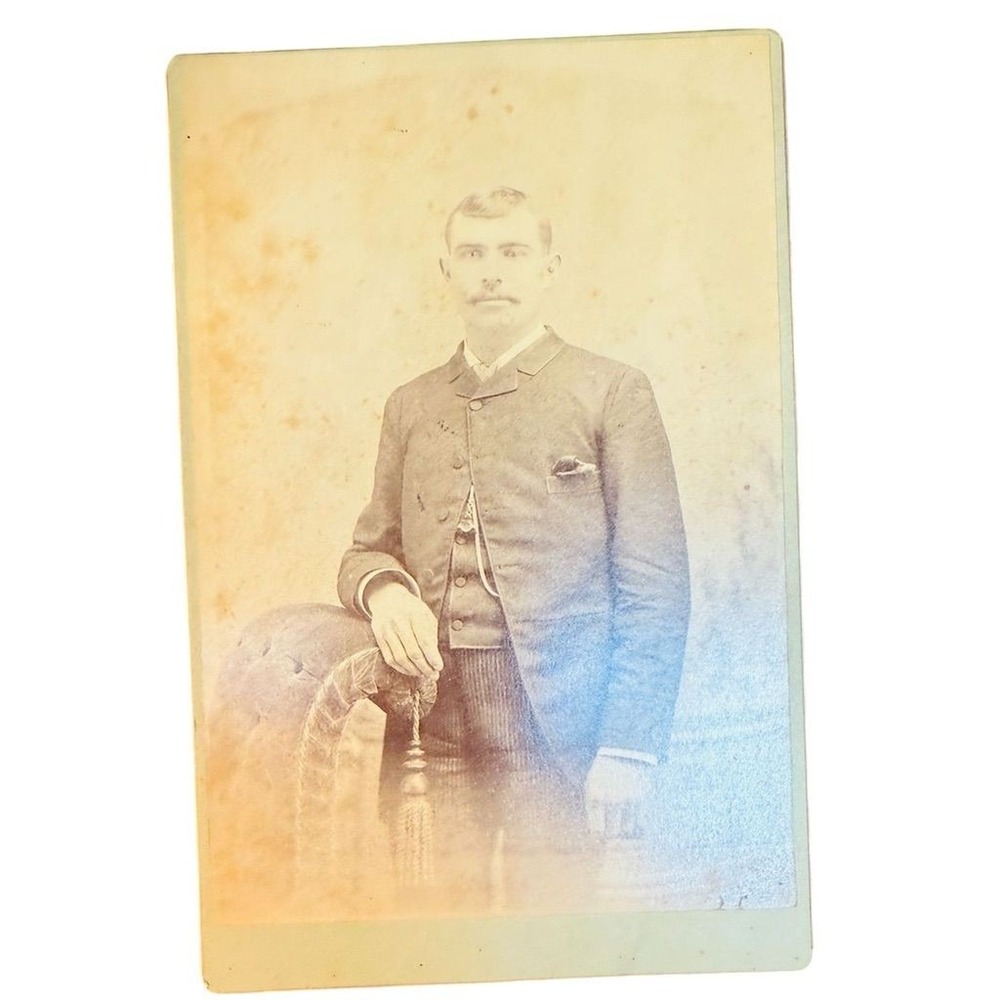 Antique Victorian Cabinet Card Photo Man in Suit New Lisbon Ohio 1800s 4x6 sepia